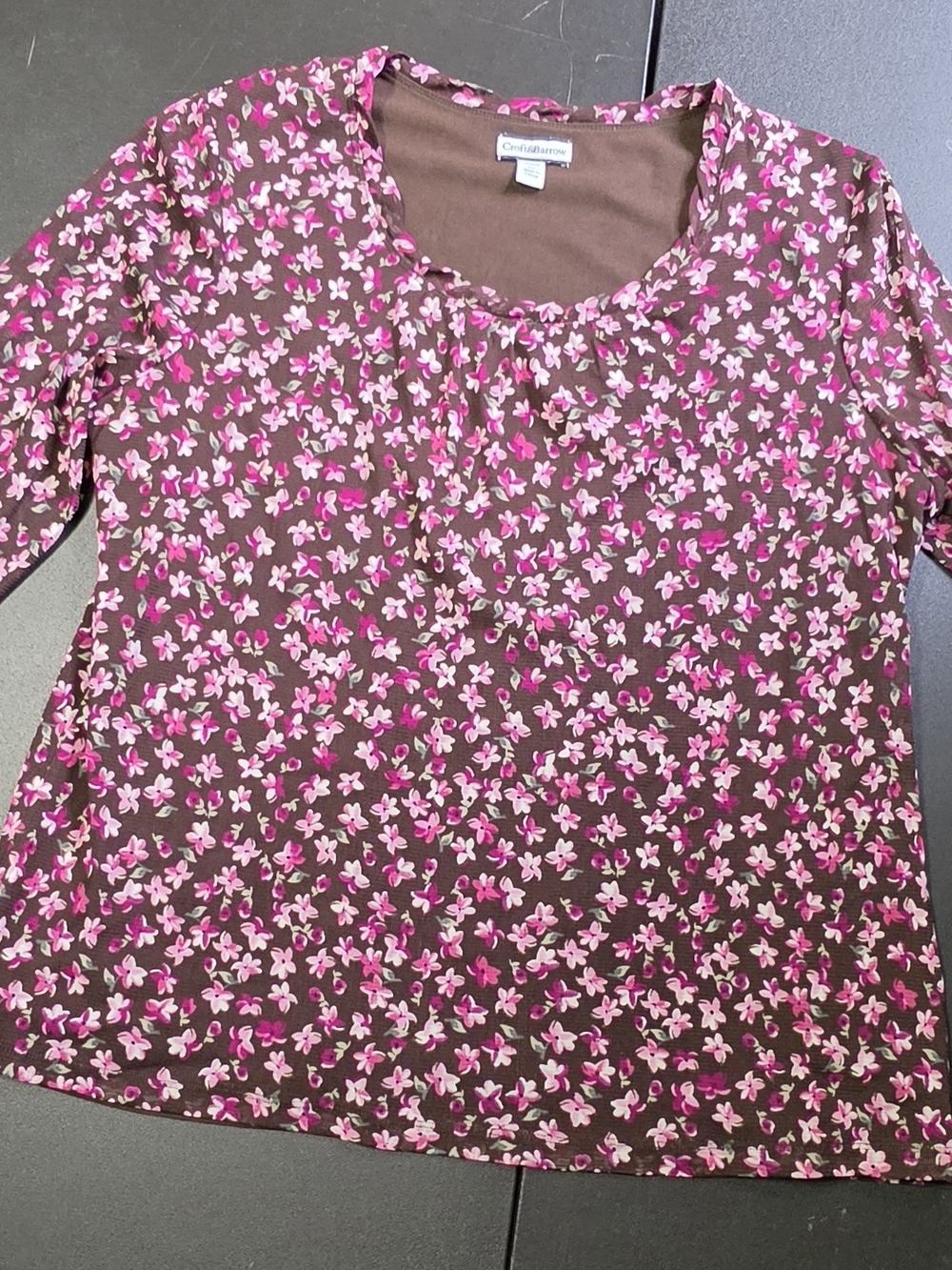 Croft & Barrow Brown Long Sleeve Scoop Neck Top with Pink Floral Print